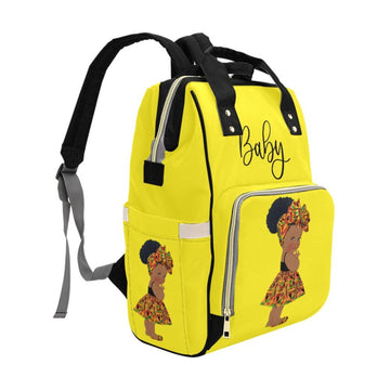 Designer Diaper Bag - Ethnic Queen African American Baby Girl - Bright Yellow Multi-Function Backpack