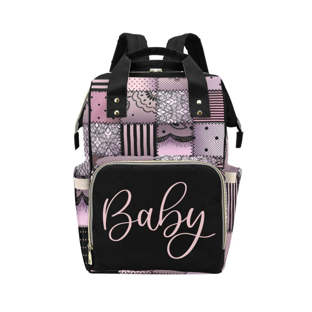 Designer Diaper Bag Soft Pink and Black Quiltwork Diaper Bag Backpac TJtoddles