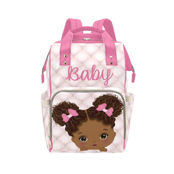 Cute African American Baby Girl With Natural Pigtails And Pink Bows On Tufted Design Diaper Bag Backpack