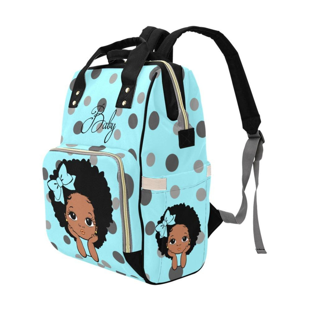 Designer Diaper Bags - African American Baby Girl Electric Blue Polka Dots Bow And Natural Curls Multi-Function Backpack