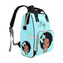 Load image into Gallery viewer, Personalize Optional - Designer Diaper Bags - African American Baby Girl Natural Curls And Electric Blue Bow - Waterproof Multi-Function Backpack