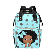 Load image into Gallery viewer, Designer Diaper Bags - African American Baby Girl Electric Blue Polka Dots Bow And Natural Curls Multi-Function Backpack