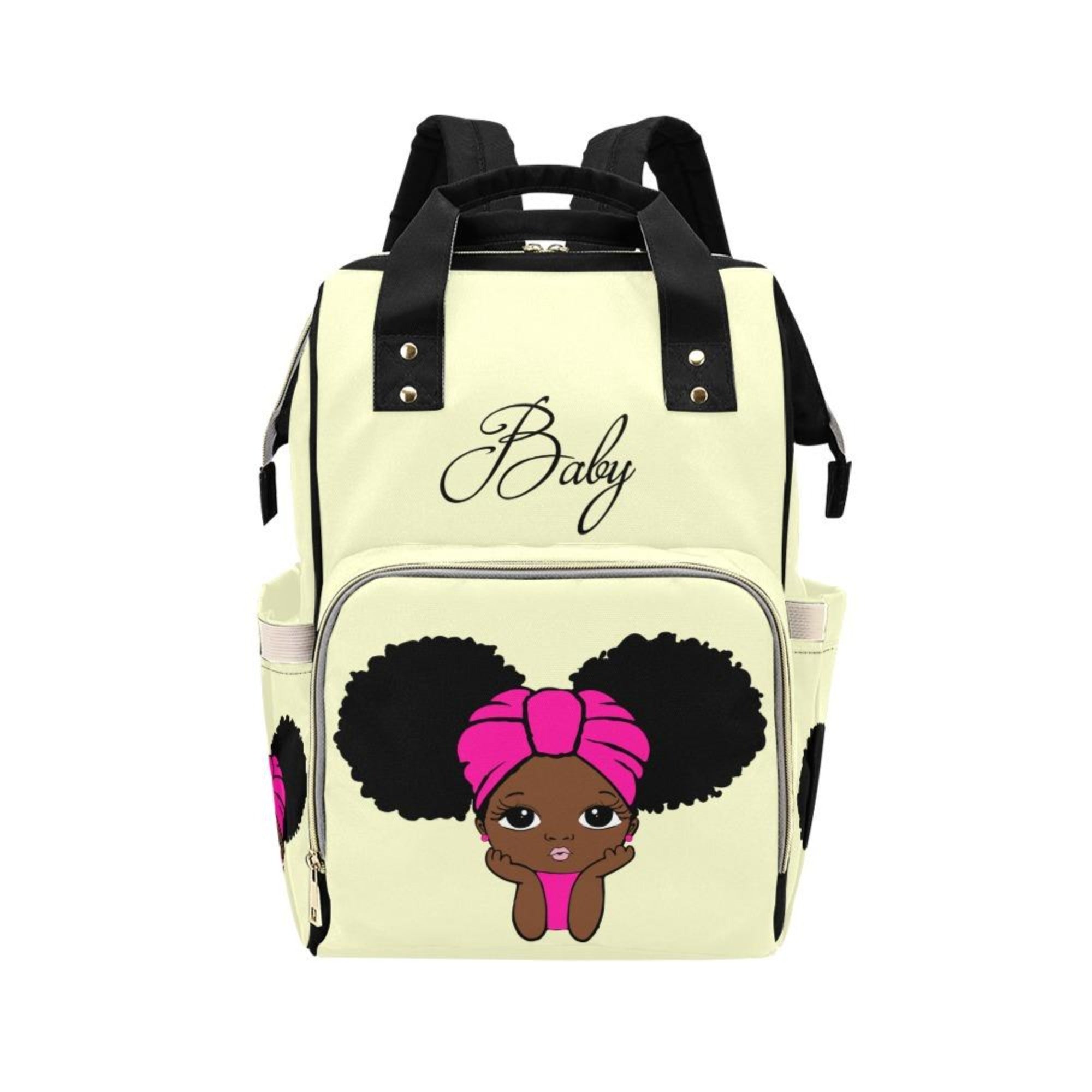 Designer Diaper Bags - African American Baby Girl Soft Yellow - Hot Pink Head Wrap And Natural Pigtails Multi-Function Backpack