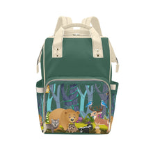 Load image into Gallery viewer, Designer Diaper Bags - Gender Neutral Forest Animals With Baby Name - Green - Waterproof Multi-Function Backpack