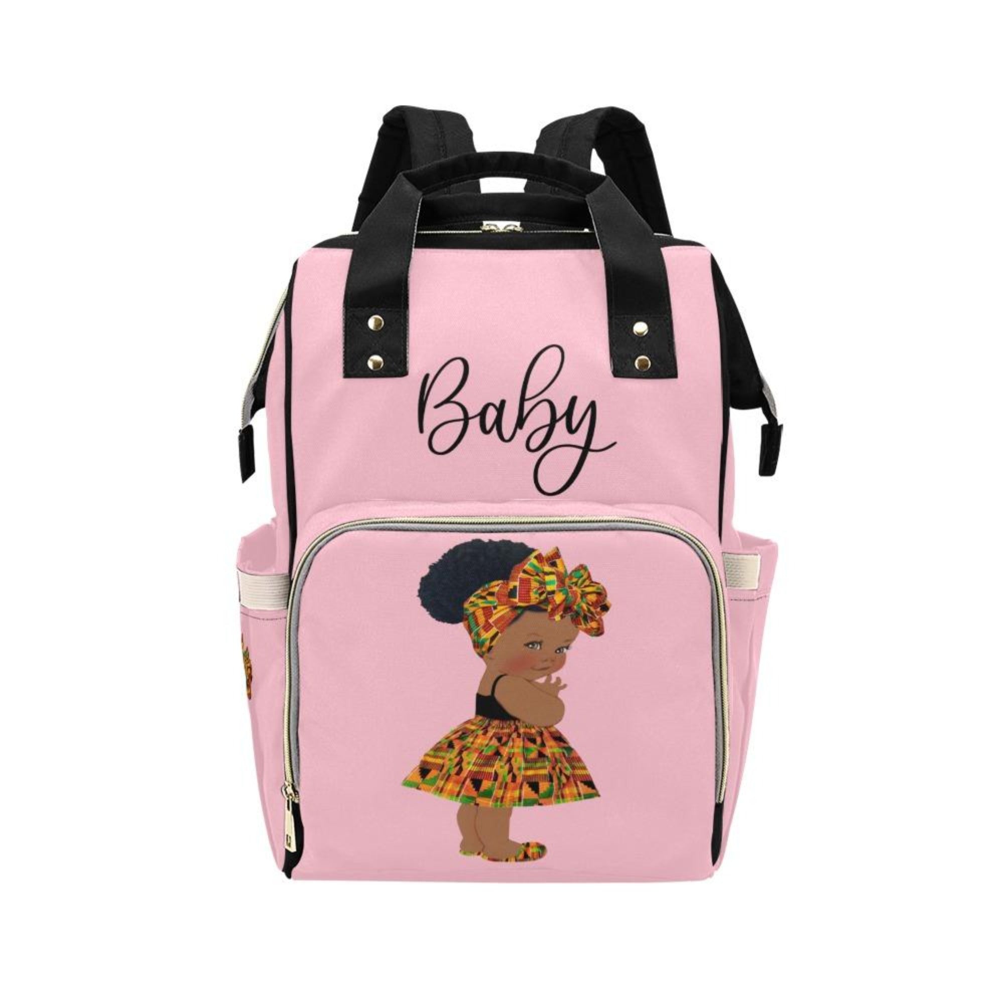 Designer Diaper Bag - Ethnic African American Baby Girl - Powder Pink Multi-Function Backpack