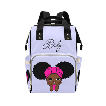 Designer Diaper Bags - African American Baby Girl Periwinkle Hot Pink Head Wrap And Natural Pigtails Multi-Function Backpack
