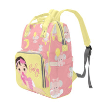 Load image into Gallery viewer, Custom Diaper Bag - Backpack Diaper Bag - Cute Brunette Baby Girl In Pink - Yellow Diaper Bag