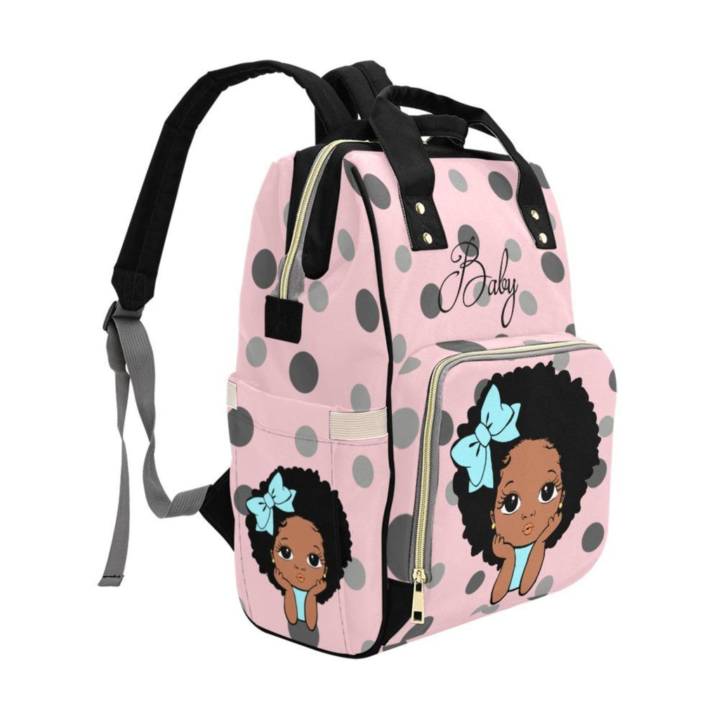 Designer Diaper Bags - African American Baby Girl Baby Pink Polka Dots Blue Bow And Natural Curls Multi-Function Backpack