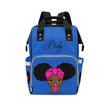 Designer Diaper Bags - African American Baby Girl Rich Blue - Hot Pink Head Wrap And Natural Pigtails Multi-Function Backpack