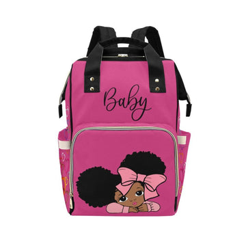 Designer Diaper Bags - African American Baby Girl With Afro Pigtails Hot Pink - Waterproof Multi-Function Backpack