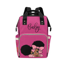 Load image into Gallery viewer, Designer Diaper Bags - African American Baby Girl With Afro Pigtails Hot Pink - Waterproof Multi-Function Backpack