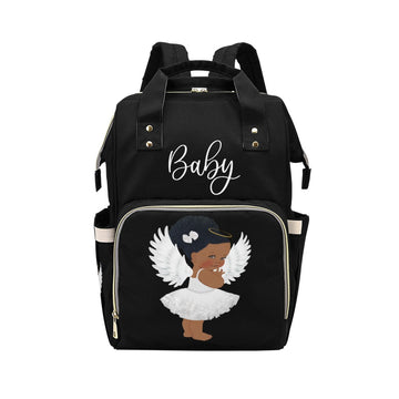 Designer Diaper Bag - African American Baby Girl Angel - Black Multi-Function Backpack Baby Bag