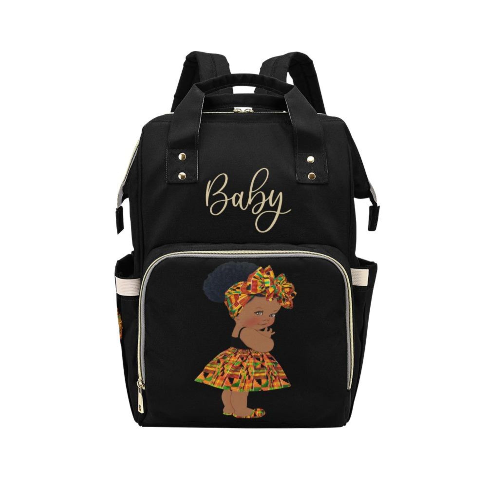 Designer Diaper Bag - Ethnic African American Baby Girl - Waterproof Black Multi-Function Backpack