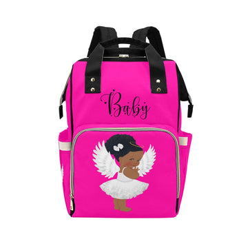 Designer Diaper Bag - African American Baby Girl Angel - Hot Pink Multi-Function Backpack Baby Bag