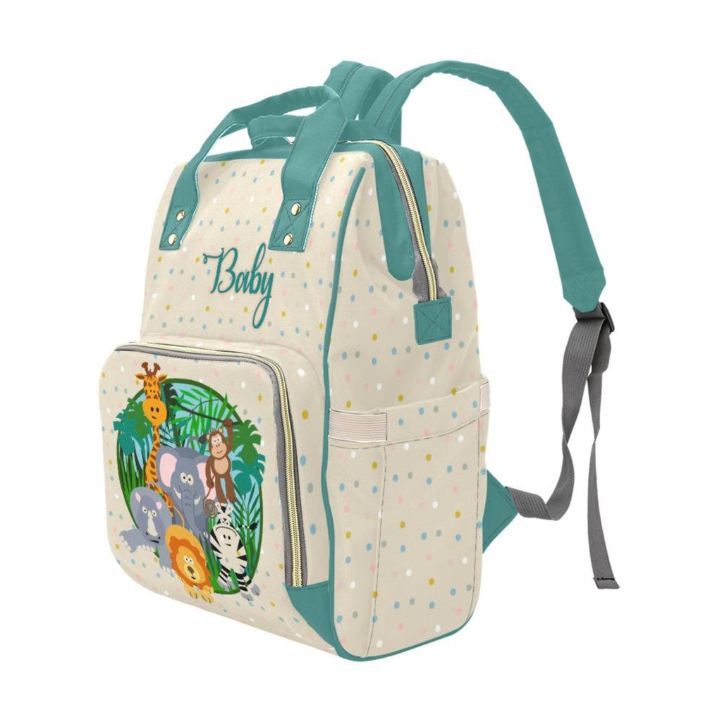 Designer Diaper Bag - Cartoon Zoo Animals On Fun Colorful Dots - Green Multi-Function Backpack