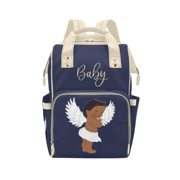 Designer Diaper Bag - Angel African American Baby Boy - Navy Blue And Tan Multi-Function Backpack