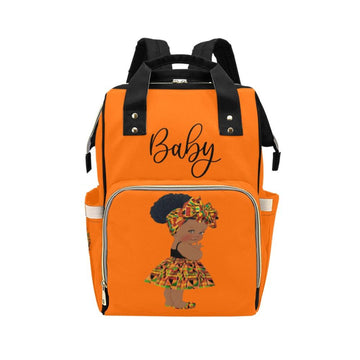 Designer Diaper Bag - Ethnic African American Baby Girl - Orange Multi-Function Backpack