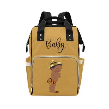 Designer Diaper Bag - Ethnic King African American Baby Boy - Khaki Gold Multi-Function Backpack