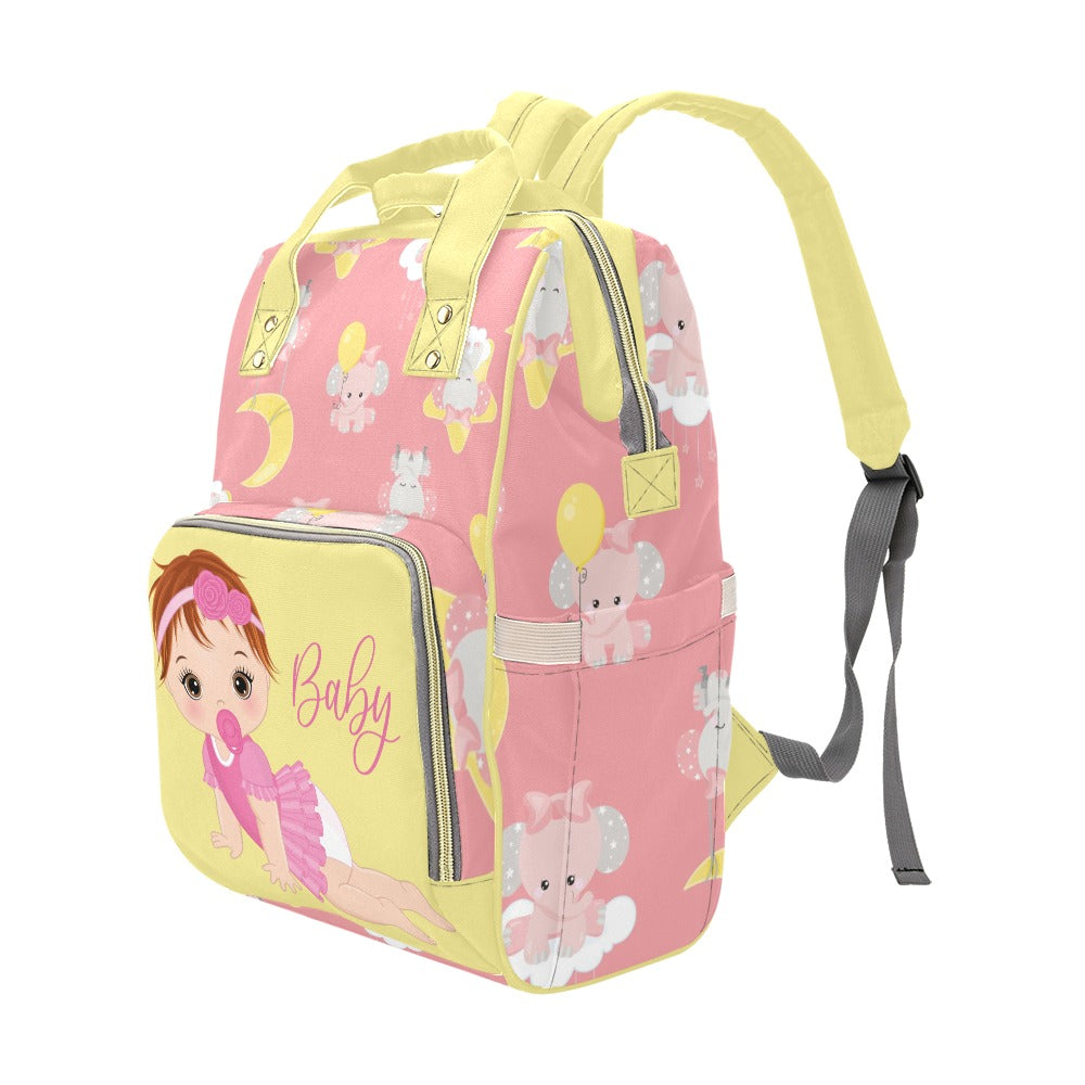 Custom Diaper Bag - Backpack Diaper Bag - Cute Redhead Baby Girl In Pink - Yellow Diaper Bag