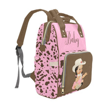 Load image into Gallery viewer, Custom Diaper Bag - Pretty Cowgirl With Braids Brown Cow Print On Baby Pink Backpack Diaper Bag