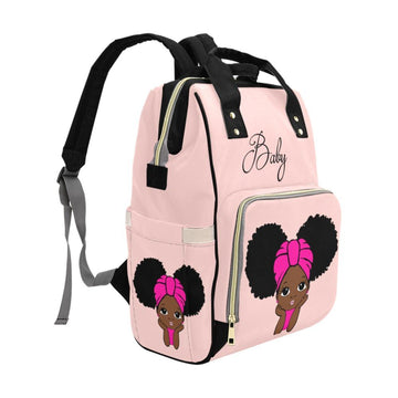 Designer Diaper Bags - African American Baby Girl Blush Pink and Hot Pink Head Wrap And Natural Pigtails Multi-Function Backpack