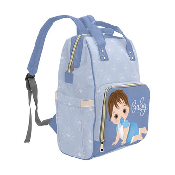 Custom Diaper Bag - Backpack Diaper Bag - Cute Light Brown Hair Baby Boy In Blue Diaper Bag