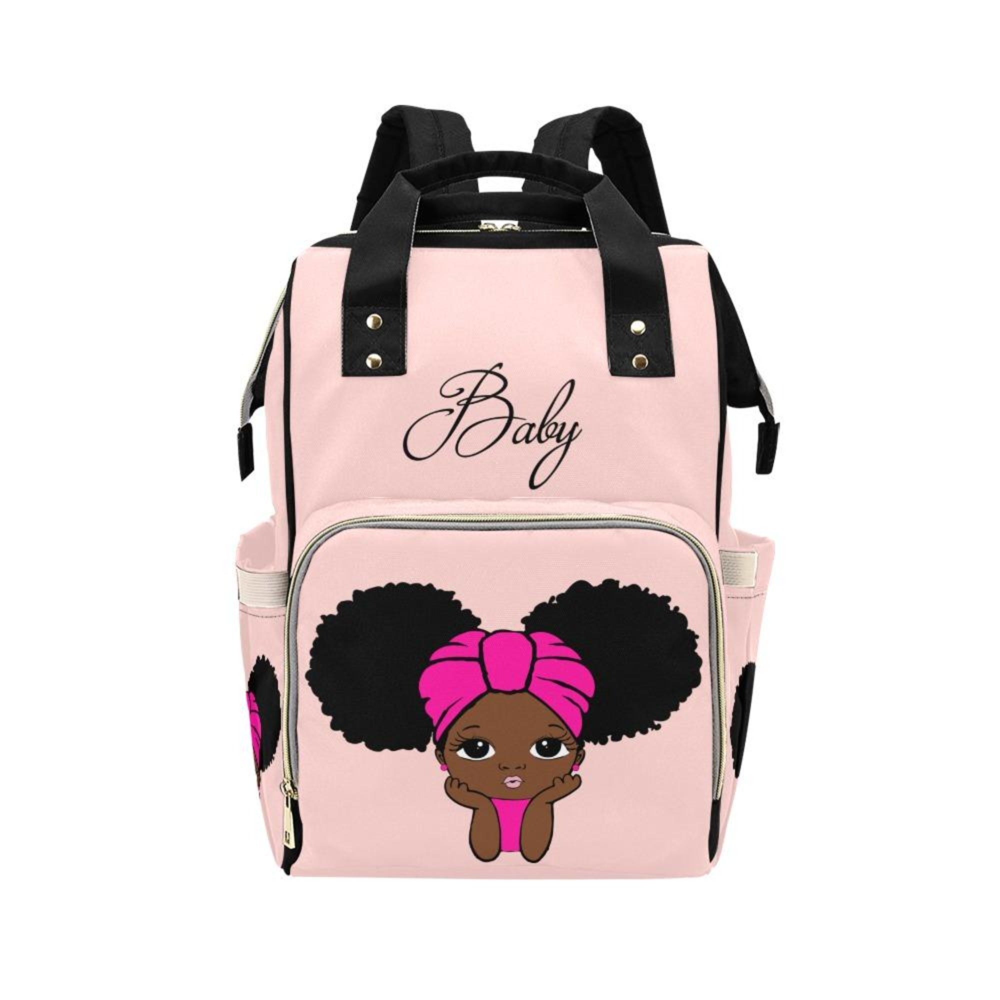 Designer Diaper Bags - African American Baby Girl Blush Pink and Hot Pink Head Wrap And Natural Pigtails Multi-Function Backpack