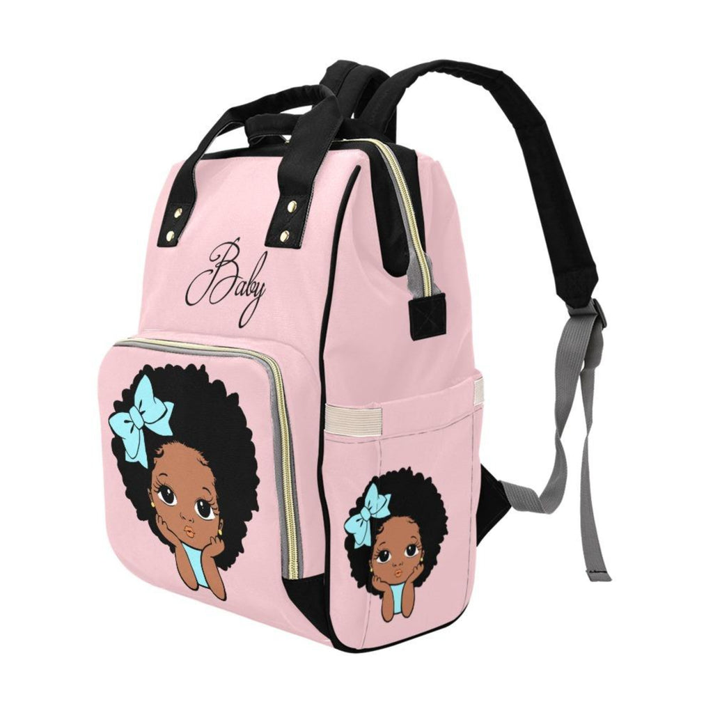Designer Diaper Bags - African American Baby Girl Natural Curls And Electric Blue Bow On Pink