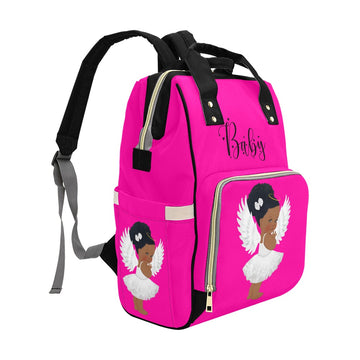 Designer Diaper Bag - African American Baby Girl Angel - Hot Pink Multi-Function Backpack Baby Bag