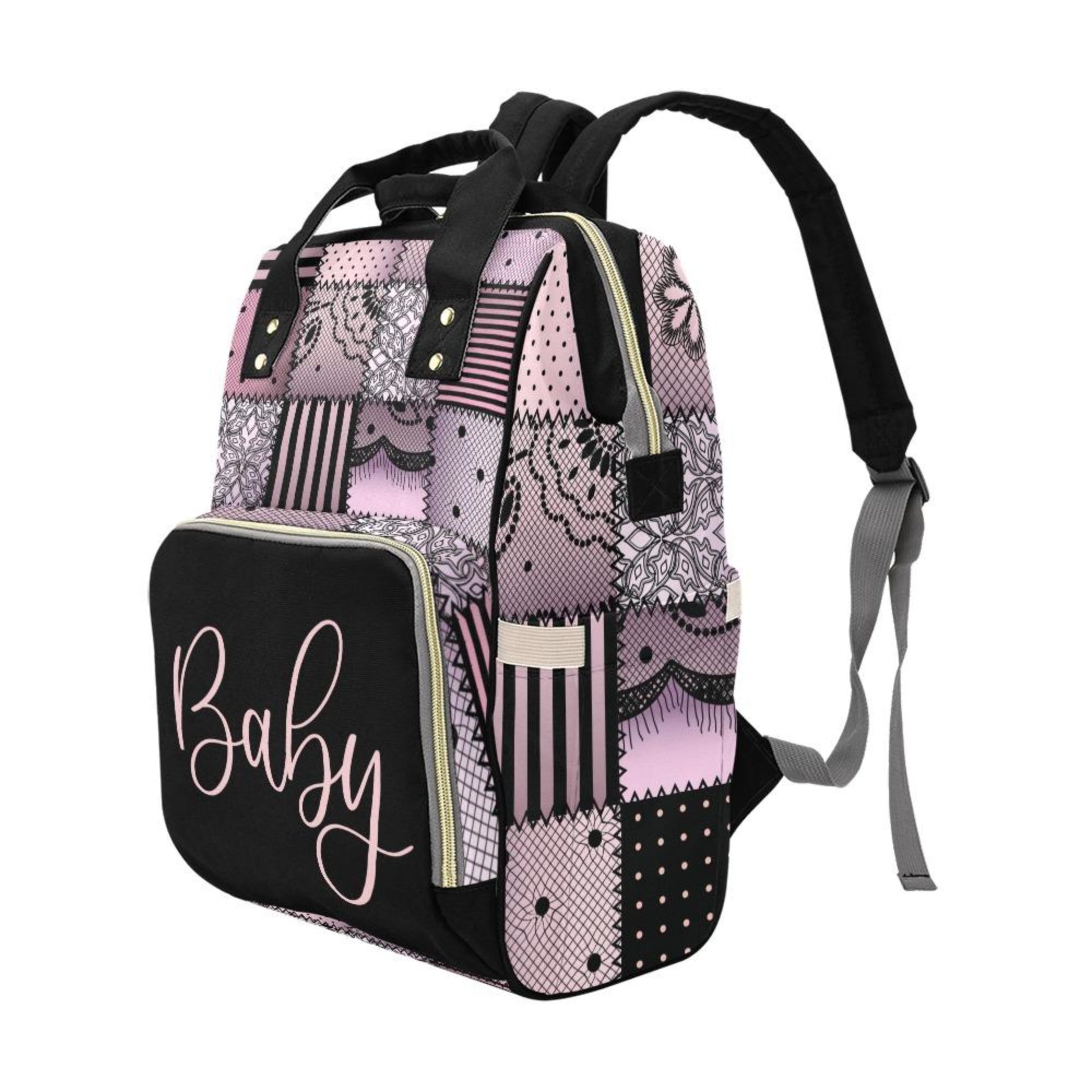 Designer Diaper Bag - Soft Pink and Black Quiltwork Diaper Bag Backpac