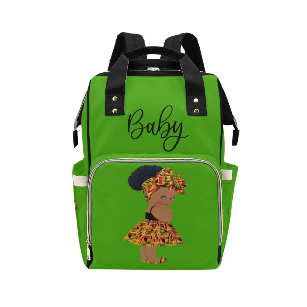 Designer Diaper Bag - Ethnic African American Baby Girl - Green Multi-Function Backpack
