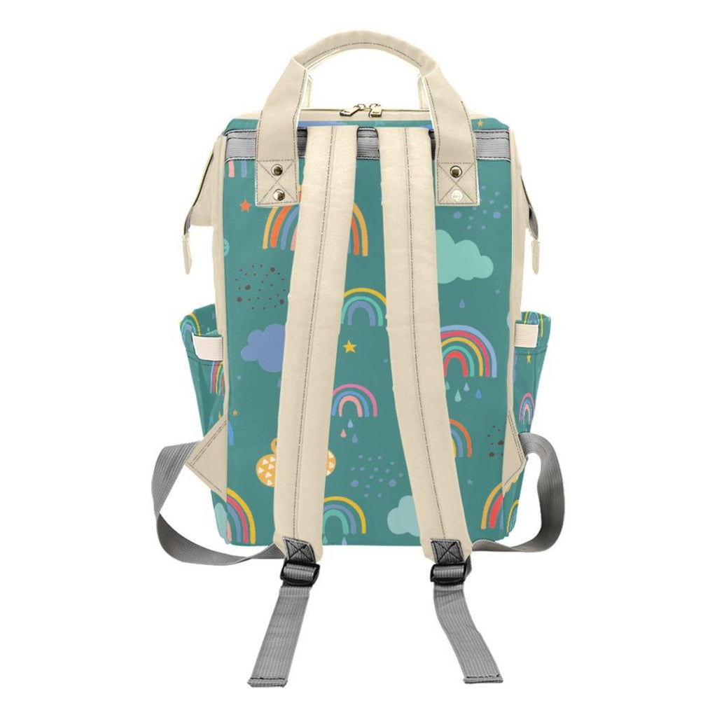 Designer Diaper Bags - Unisex Rainbows With Baby Name On Green - Waterproof Multi-Function Backpack