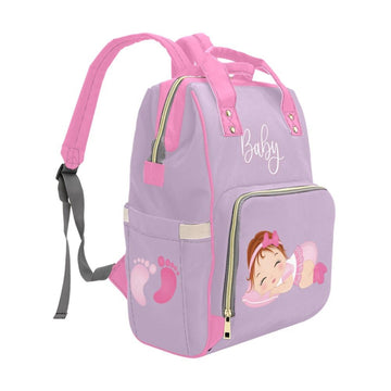 Designer Diaper Bag - Sweet Baby Girl Napping Lavender and Pink Waterproof Diaper Bag Backpack