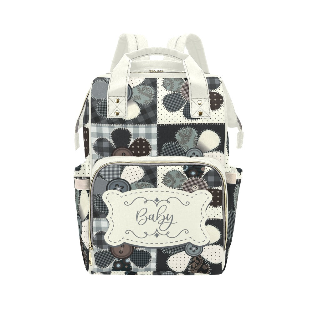 Personalized Diaper Bag Backpack - Patchwork Flower Buttons With Cream Label - Large Capacity and Waterproof