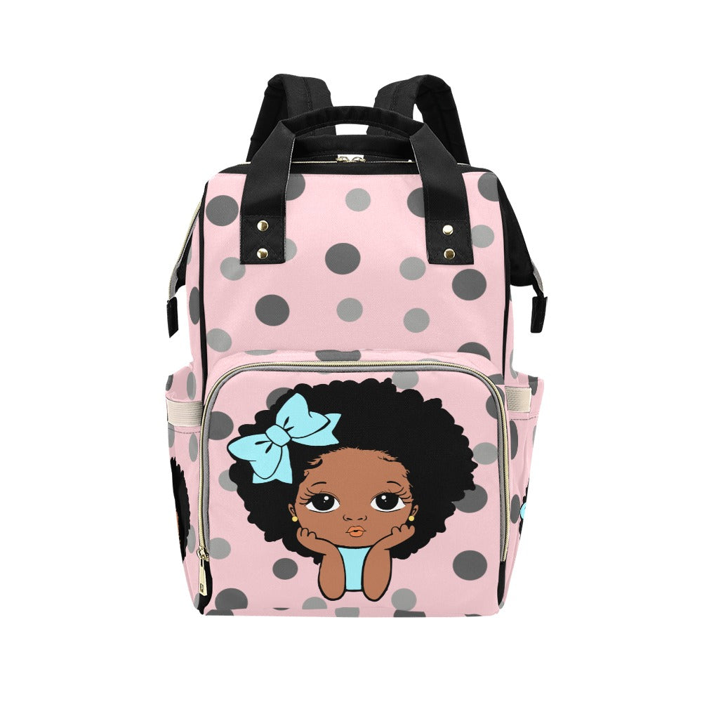 Designer Diaper Bags - African American Baby Girl Baby Pink Polka Dots Blue Bow And Natural Curls Multi-Function Backpack