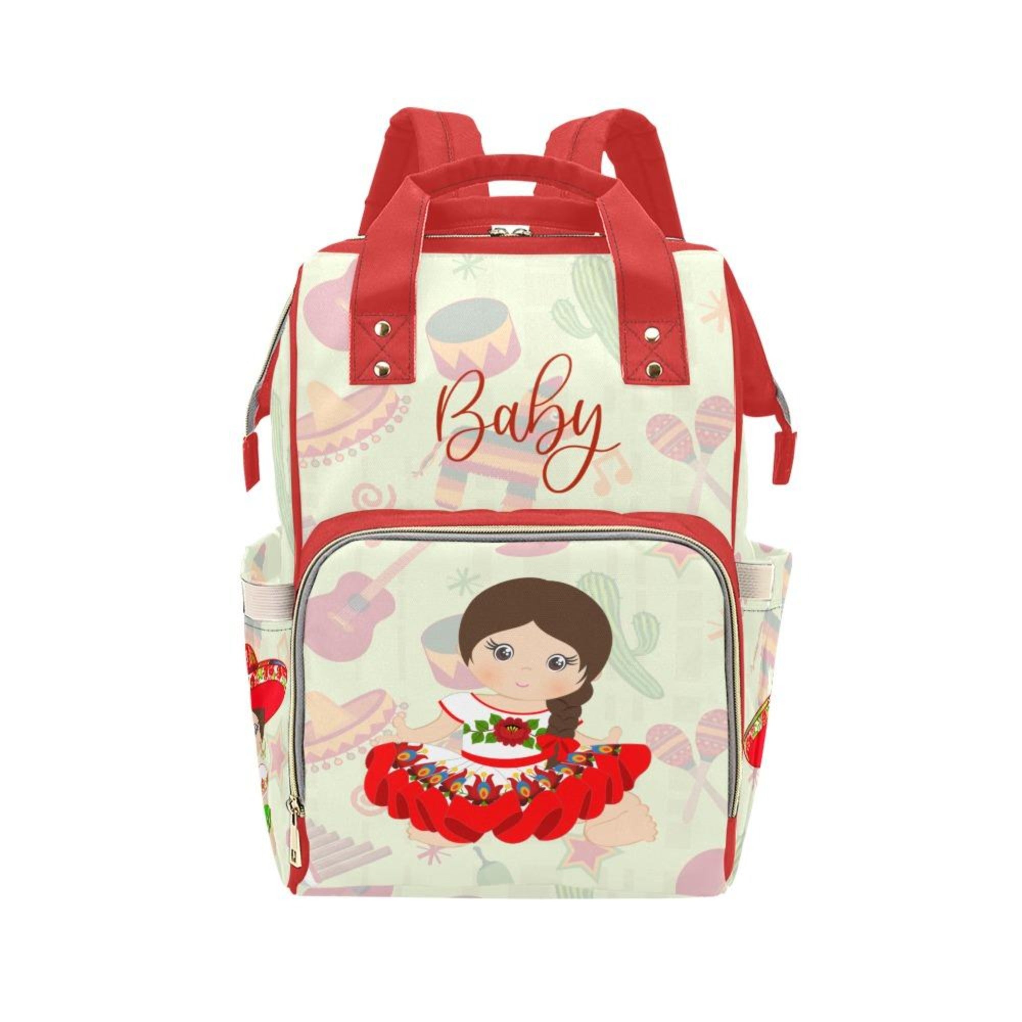 Designer Diaper Bags - Latina American Baby Girl - Red Accents - Waterproof Multi-Function Backpack