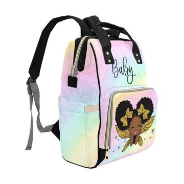 Cutest African American Baby Girl Gold Glitter Angel Custom Diaper Bag - Black Multi-Function Backpack