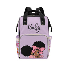 Load image into Gallery viewer, Designer Diaper Bag - African American Baby Girl With Afro Pigtails Lilac Multi-Function Backpack