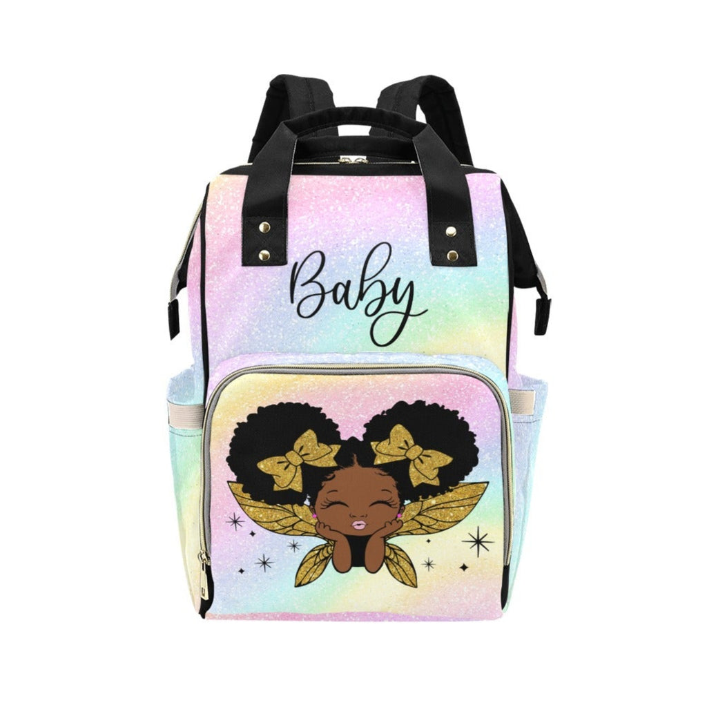 Cutest African American Baby Girl Gold Glitter Angel Custom Diaper Bag - Black Multi-Function Backpack