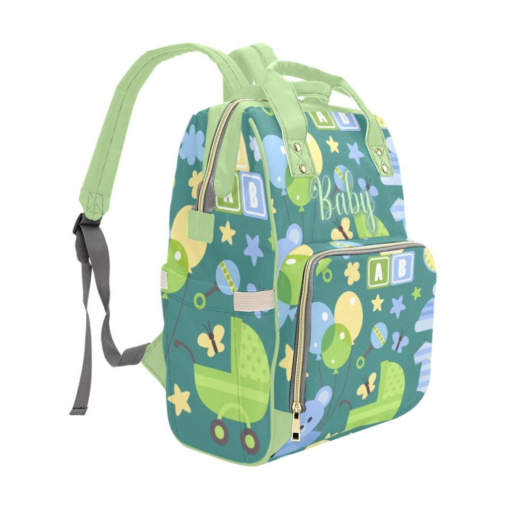 Personalize Optional - Designer Diaper Bags - Unisex Pastels With Baby Name - Green - Waterproof Multi-Function Backpack