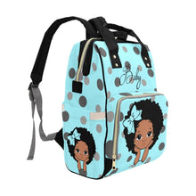 Load image into Gallery viewer, Designer Diaper Bags - African American Baby Girl Electric Blue Polka Dots Bow And Natural Curls Multi-Function Backpack