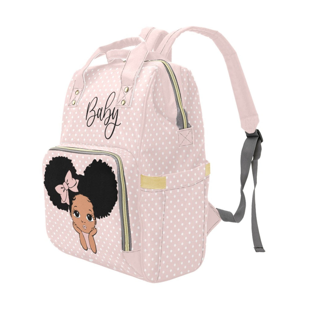 Designer Diaper Bag African American Baby Girl With Bow and Polka Dots