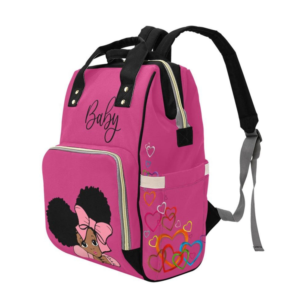 Designer Diaper Bags - African American Baby Girl With Afro Pigtails Hot Pink - Waterproof Multi-Function Backpack