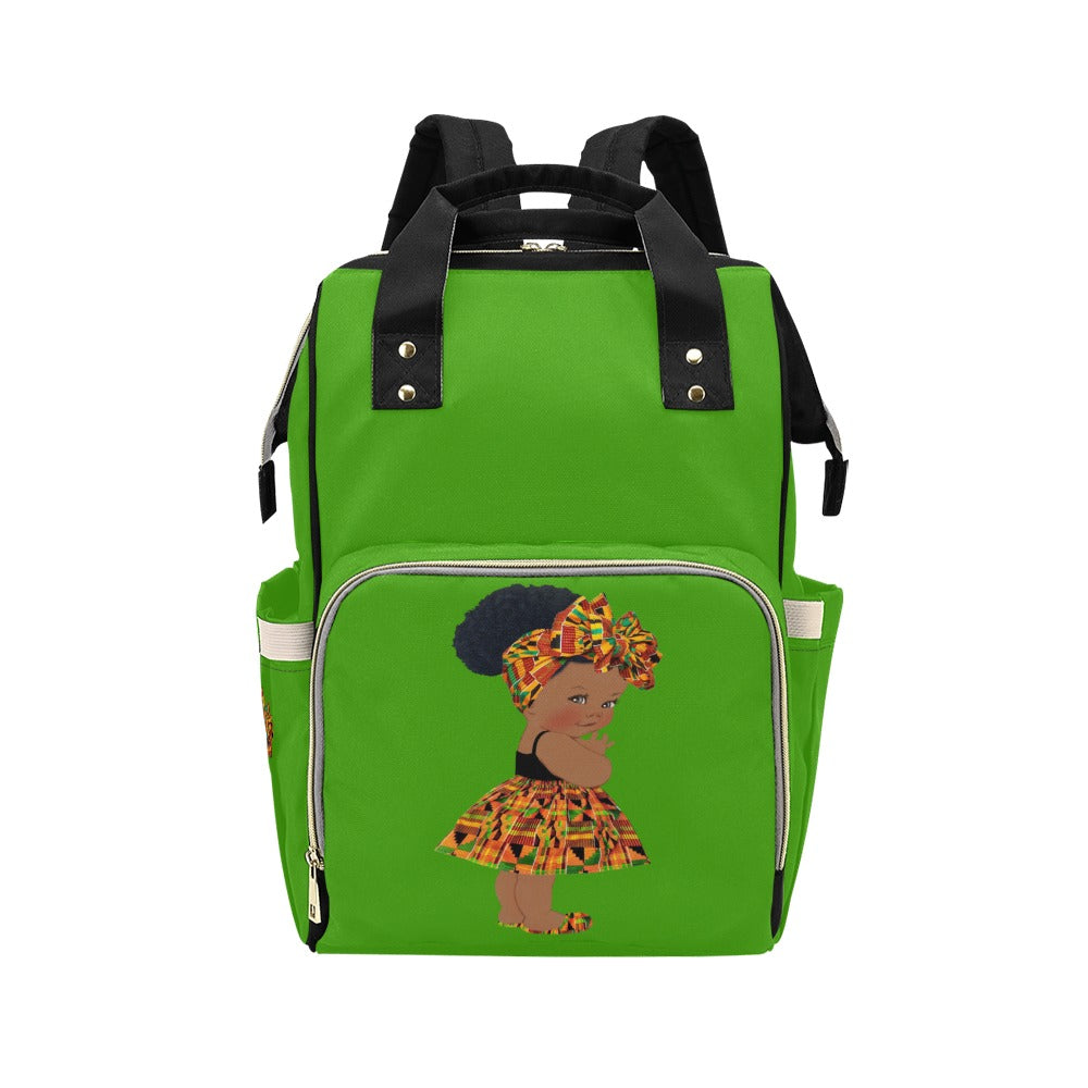 Designer Diaper Bag - Ethnic African American Baby Girl - Green Multi-Function Backpack