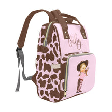 Load image into Gallery viewer, Designer Diaper Bags - Cute Cowgirl With Brown Cow Print On Soft Pink Waterproof Diaper Bag