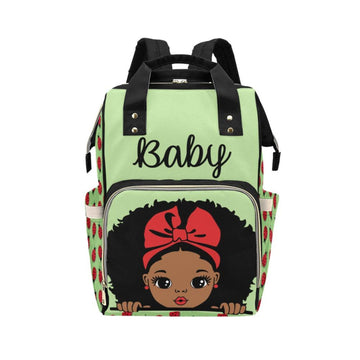 Super Cute African American Baby Girl With Natural Curls and Red Bow On Green Ladybug Diaper Bag