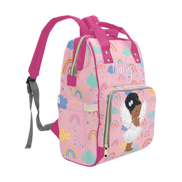 Designer Diaper Bag - African American Baby Girl Angel - Powder Pink And Hot Pink Multi-Function Backpack