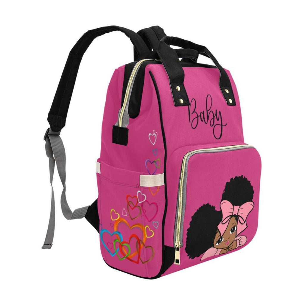 Designer Diaper Bags - African American Baby Girl With Afro Pigtails Hot Pink - Waterproof Multi-Function Backpack