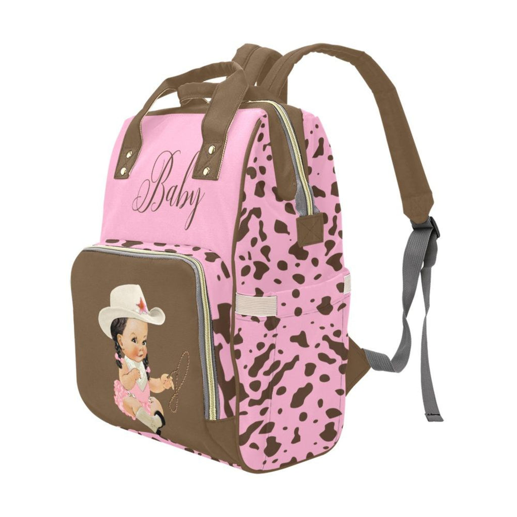 Custom Diaper Bag - Pretty Cowgirl With Braids Brown Cow Print On Baby Pink Backpack Diaper Bag