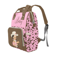 Load image into Gallery viewer, Custom Diaper Bag - Pretty Cowgirl With Braids Brown Cow Print On Baby Pink Backpack Diaper Bag